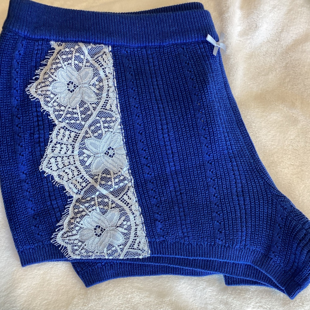 Anthropologie Lace Pointelle Sweater Shorts LyreBird NEW Medium Blue - Picture 6 of 9